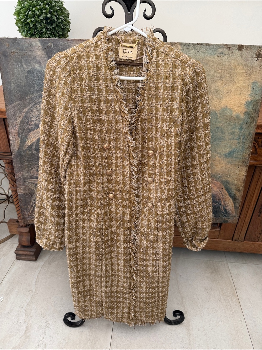 Elie Tahari Gold Tweed Long Sleeve over Coat